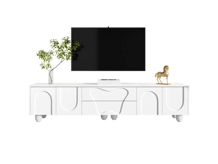 Evryae Lowboard mit viel Stauraum und Holzbeinen Weiß 180 cm, 2 Schubladen, Rechteckig,Rechteckig, kugelförmig, 180x42x40 cm, Wohnzimmer, TV Möbel, Lowboards, Lowboards stehend