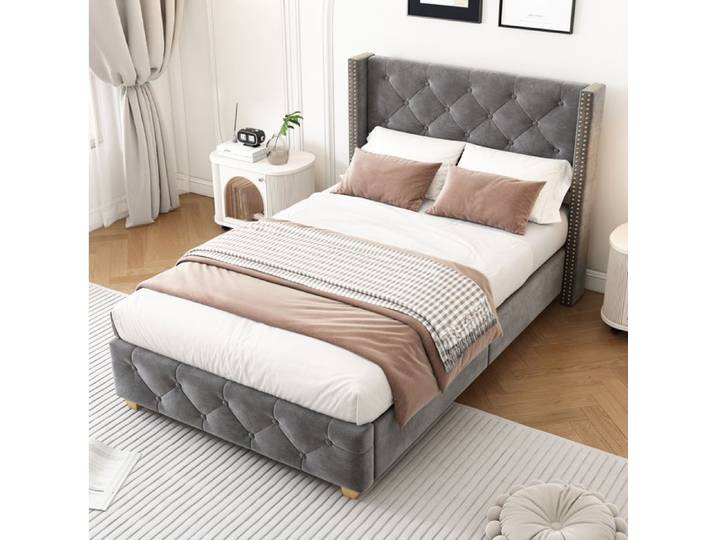 Lit simple gris 90×200 cm avec sommier inclus tête de lit capitonnée structure solide montage nécessaire