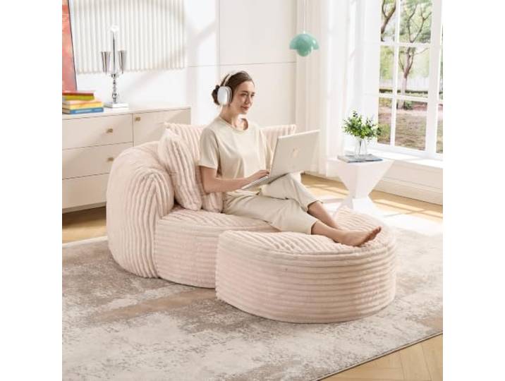 QQJIN Sofabett Ohne Beine mit Fußstuhl, Großes Runder Sitzbrett Großformatiger, Weicher Stoff und Kordelstoff-Sitzlehne für Wohnzimmer, Spielzimmer