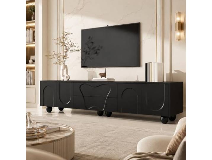 OLIVIBED 180 cm TV-Schrank, Lowboard mit 4 Türen und 2 Schubladen, Fernsehschrank für Fernseher 55 65 80 Zoll, Fernsehtisch für Wohnzimmer, Schlafzimmer, Schwarz, 80x40x42cm