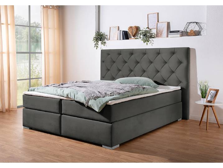 Boxspringbett Taiana 200 x 200cm Samt Venia Grau H2 Bonellfederkernmatratze Buche