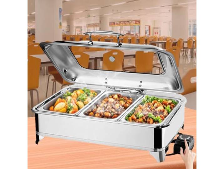 BOVDC Chafing Dish Elektrisch Glasdeckel 9L(A,1/3 Pan) Wärmebehälter für Speisen Einstellbarer Temperatur, Speisewärmer Buffetwärmer Elektrisch für Hotels, Buffet, Picknicks