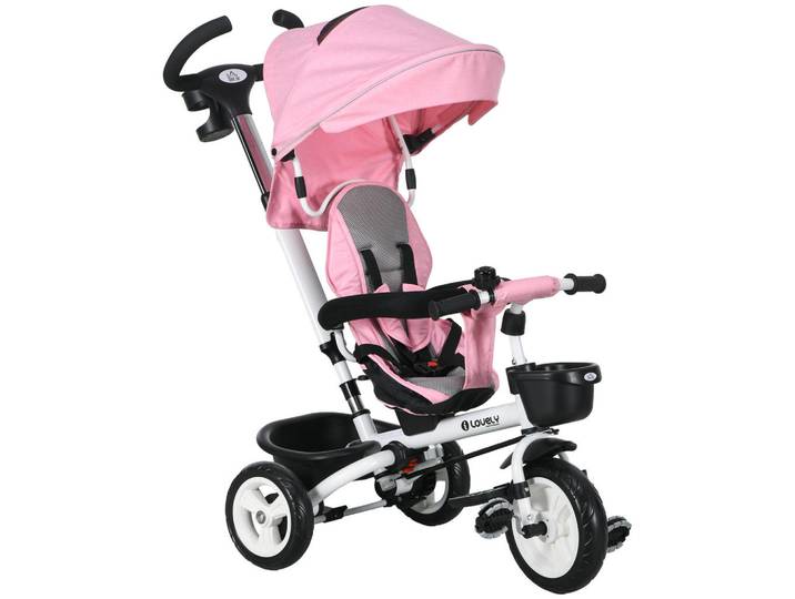 Homcom 6 in 1 Dreirad mit Schubstange, Kinderdreirad mit Sicherheitsgurt, Sonnendach, Rosa, Metall, 50x104x112 cm, Spielzeug, Kinderfahrzeuge