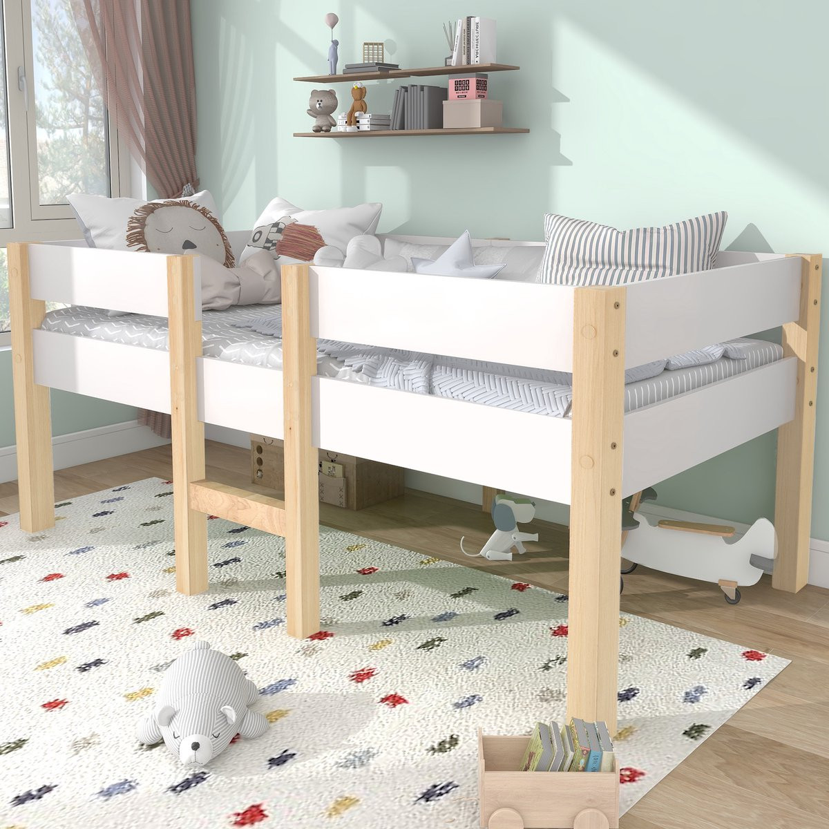 FloraGrace Kinderbed Wit - Halfhoog Bed van Massief Hout met Uitvalbeveiliging, Ladder en Extra Ruimte Onder het Bed - B/D: 90 x 200 cm