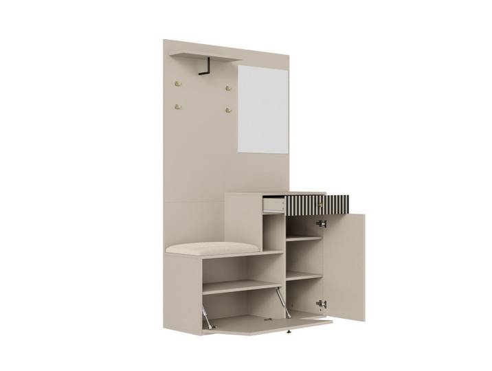 Modfu Schuhschrank aus MDF 110x185,5x37cm in Beige mit Spiegel, 110x185.5x37 cm, Garderobe, Schuhaufbewahrung, Schuhschränke