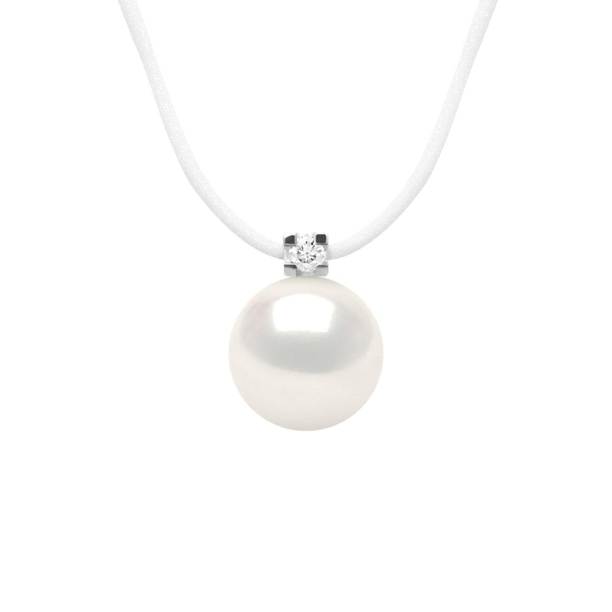 Diamond Necklace Natural 0.030 Cts en Freshwater Pearl Ronde 8-9 mm nylon Transparante Link 925