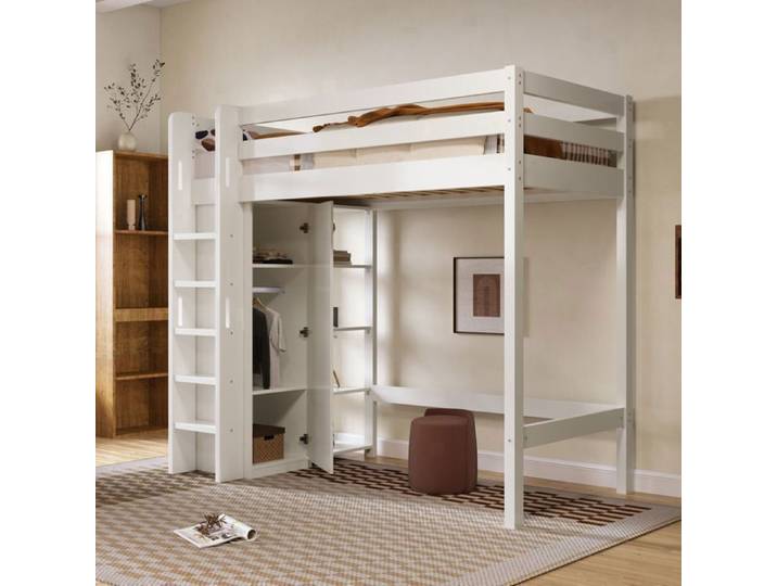 Lit mezzanine 90x200cm avec armoire tagres barrires anti-chutes et chelle cadre en pin blanc