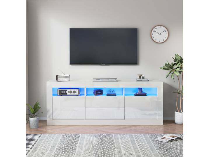 KOMHTOM Armoire TV haute brillance avec éclairage LED, 3 compartiments ouverts, 2 portes et 2 tiroirs, pour TV 70 pouces