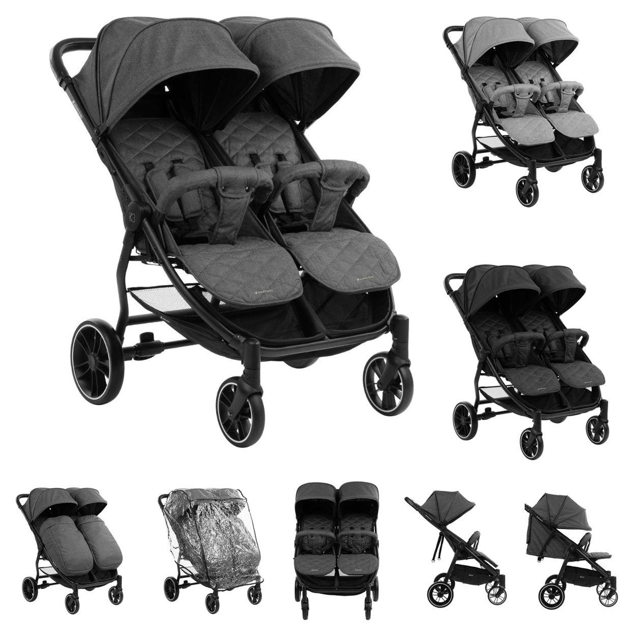 Kikkaboo Zwillingskinderwagen Happy 2, faltbar, Regenschutz, Fußsack, gefedert