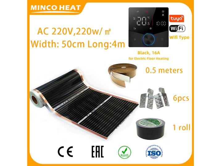 Minco Heat-Film chauffant infrarouge au sol, 2 mètres carrés, AC 220V, 220W, pince thermique WiFi, pâte isolante