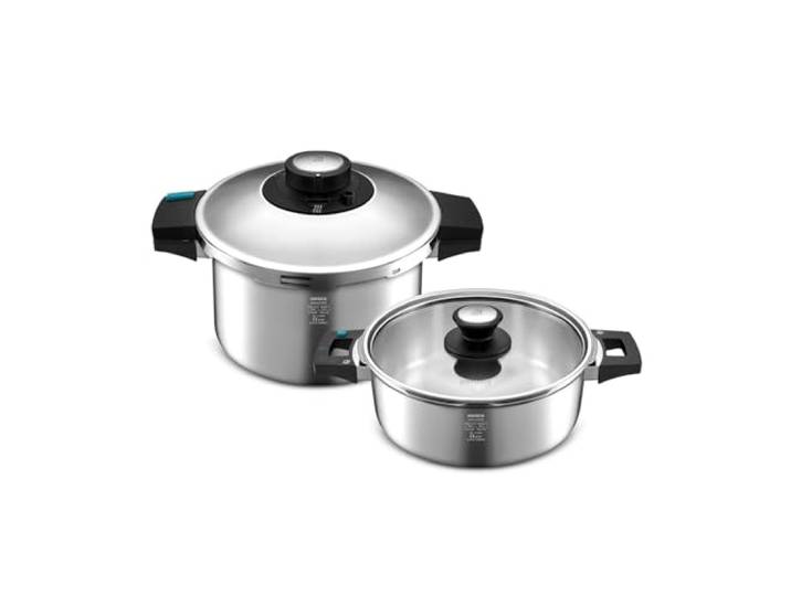Karaca Quick and Safe Schnellkochtopf-Set 4+6 Lt, Ergonomische, nicht brennende Griffe und Aufsätze aus Edelstahl, Programm Suppen und Gemüse, Programm Fleisch und Hülsenfrüchte