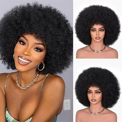 Afro-Perücken für schwarze Frauen, 70er-Jahre-Afro-Perücke mit verworrener Locke und Pony, federnd, riesig, flauschig, Puff-Perücken, Kunsthaar, für Cosplay, Alltag und Party, 35,6 cm
