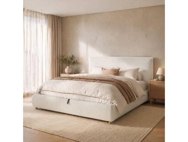 ULEVR lit double 180 x 200 cm rembourre blanc en tissu bouclette avec coffre hydraulique tete de lit et sommier a lattes