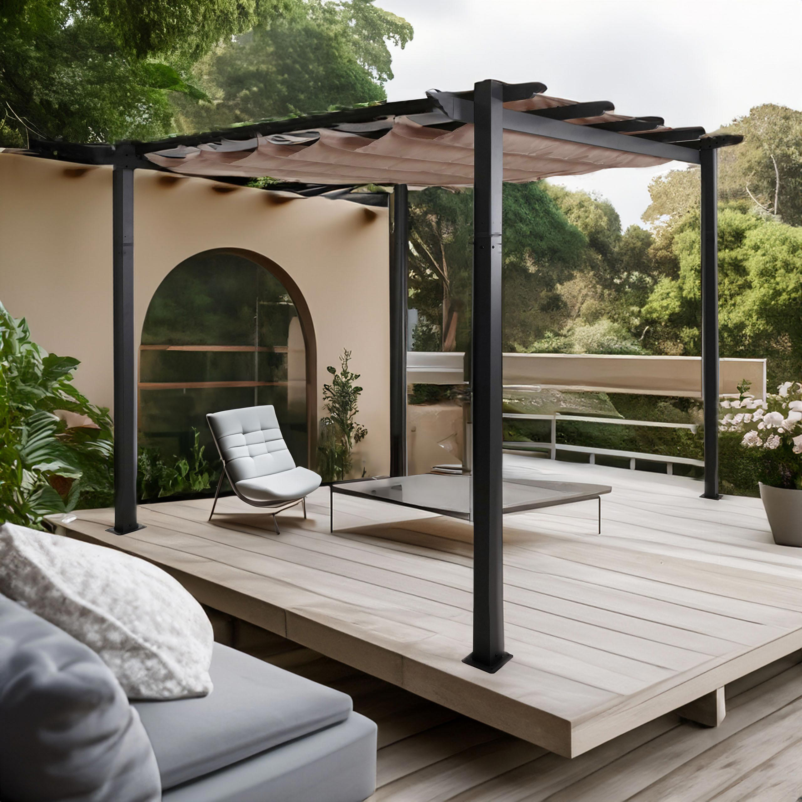 Aluminium Pergola MCW-N93, Gartenpavillon Pavillon Garten, stabiles 8cm-Gestell Schiebedach UV50+ 3x3m taupe