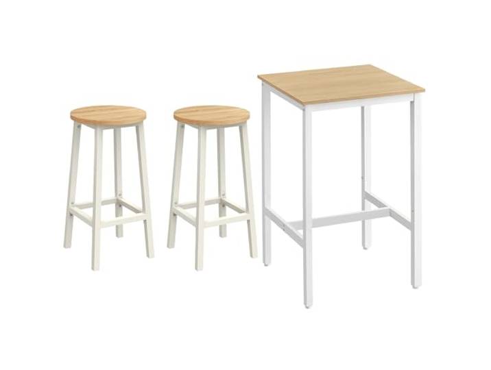 VASAGLE Bartisch mit 2 Barhockern Set, Küchentisch hoch, Metallgestell Barstühle, Küchenstühle, einfache Montage, eichenbeige-weiß