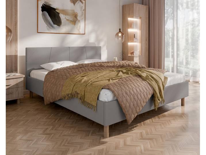ALMORE Polsterbett – minimalistisches Design, Holzbett auf Füßen Federkernmatratze