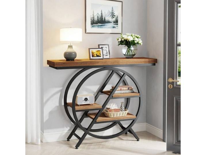 Table console -100 x 30 x 81 cm - avec cadre géométrique en métal - table console étroite Table d'entrée pour salon marron clair