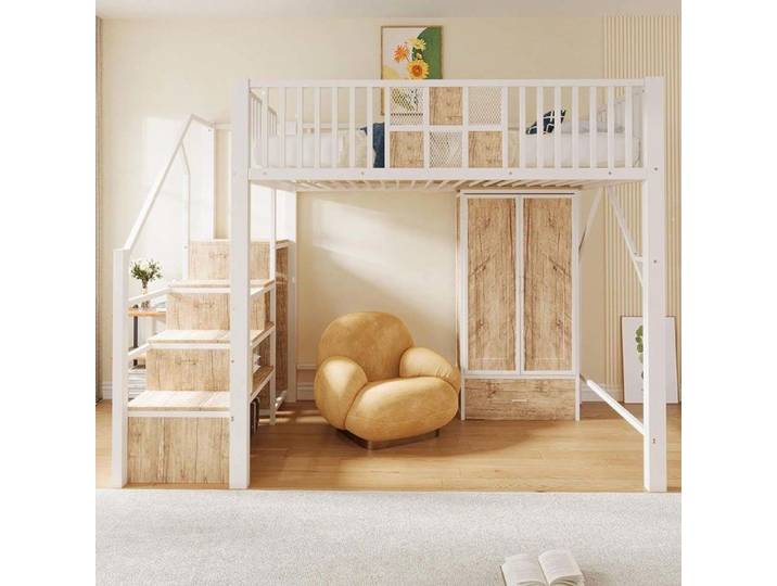 LIT MEZZANINE - YEHTOKHOME - 140x200 - Armoire modulable intégrée - Tiroirs & échelle de rangement - Structure métal blanc