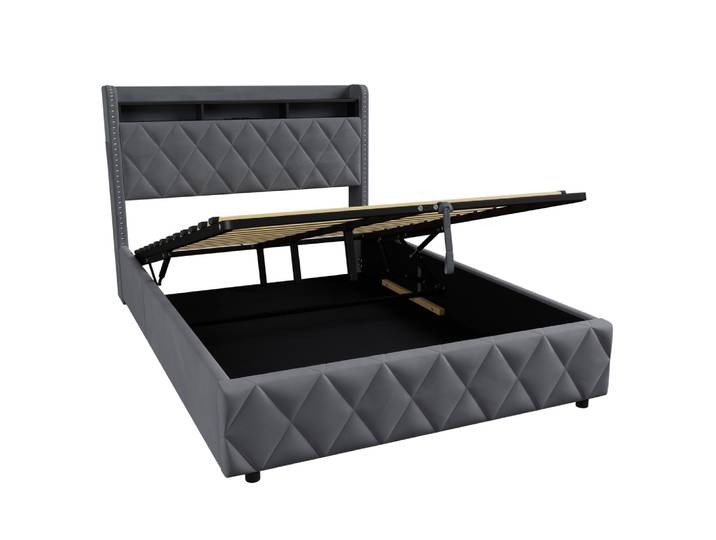 Lit coffre hydraulique en velours gris foncé avec led