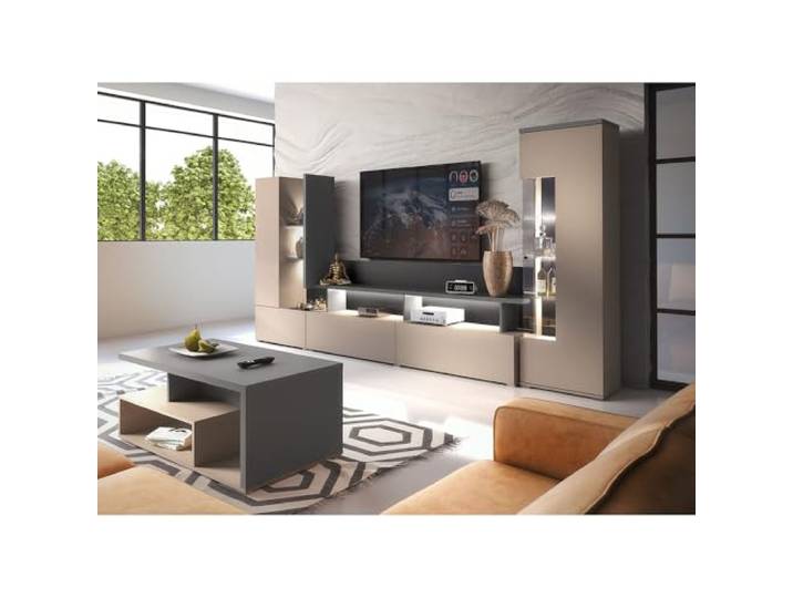 Wohnzimmer Set 3-teilig in beige mit anthrazit Wohnwand Couchtisch Vitrine