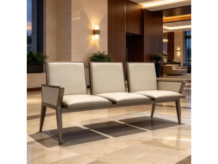 Wartebank 3-Sitzer mit Kunstlederbezug, Empfangsbank mit Metallgestell 3-Sitzer Sitzbank für Empfang, Büro, Salon und Wartebereich(Wit)