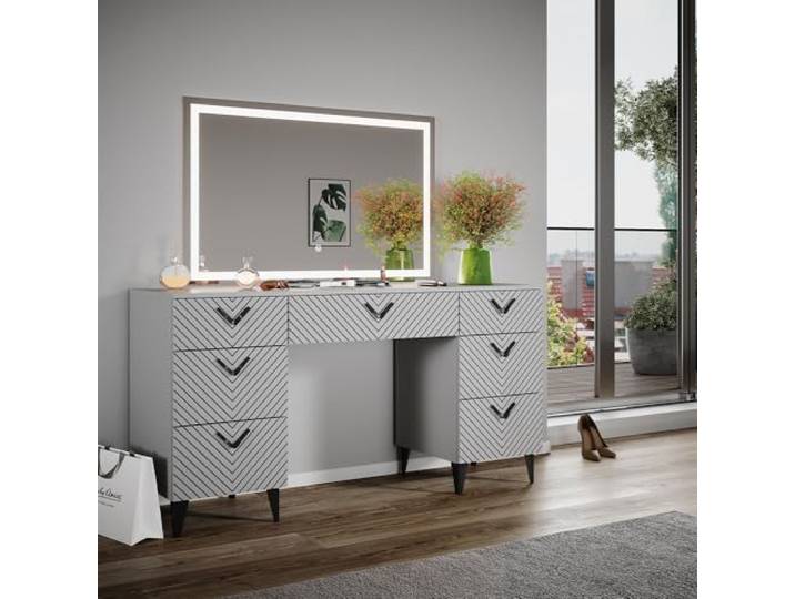 Vicco Schminktisch Anett, Grau 150 cm LED-Spiegel · 7 Schubladen · Freistehend · Dekorative Fronten · viel Stauraum