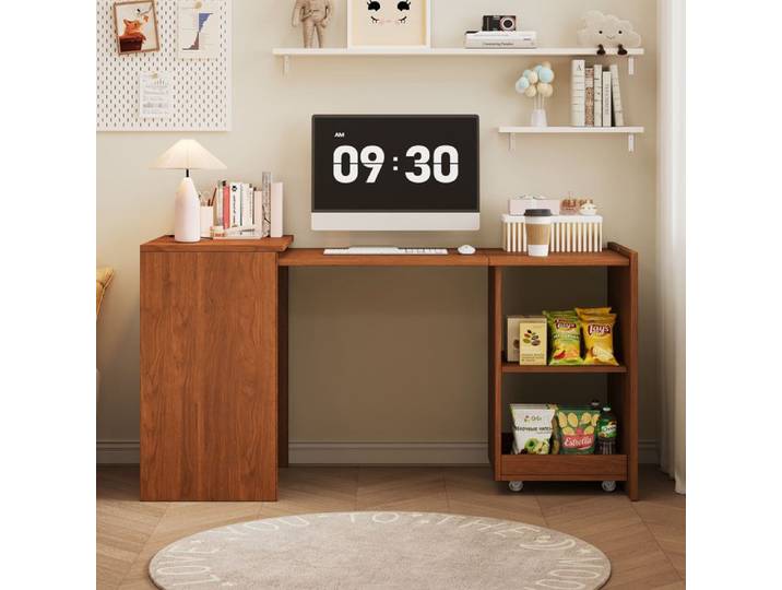 Bureau avec rangement 2-en-1 noyer pliable 126 cm table bureau petit bureau 60 kg