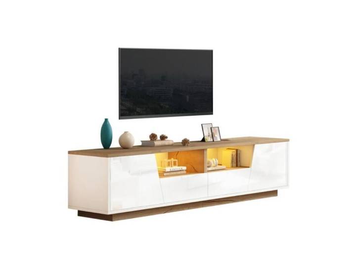 Meuble TV avec 2 tiroirs et 2 armoires meuble tv meuble TV avec LED Lowboard brillant et table TV blanc + épissure de couleur bois