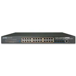 Planet PLANETLayer 3 24-Port 10/100/1000T PoE 802.3at Switch 4-Port 10G SFP+ Uplinks stackable Web managed (24 Ports), Netzwerk Switch, Schwarz