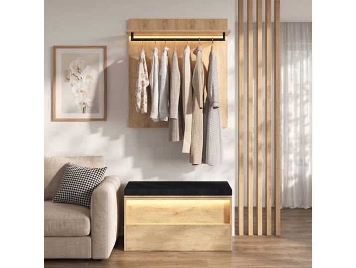 Meuble d'Entrée Vestiaire - 90x47x145cm - Ensemble Banc à Chaussures Coussin Porte-Manteau Mural LED - Chêne et Anthracite