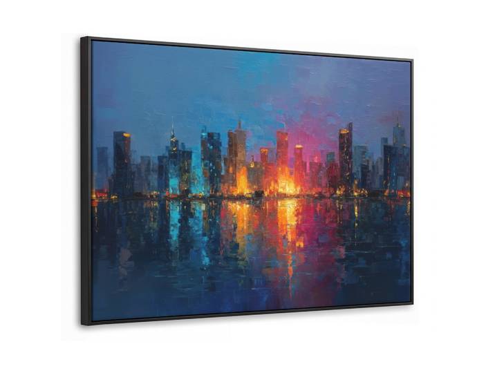 LEINWAND Bilder mit Rahmen - Skyline - Pinselstriche - Dunkelblau - Leuchtend - 100x70
