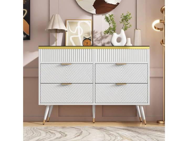 Buffet 120x40x76 cm - 6 tiroirs - Verre ambré - Blanc