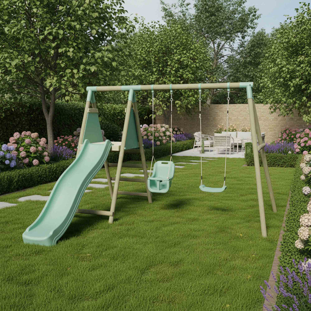 Mercia Garden Products Mercia Wooden Round Pole Single Swing & Baby Seat Swing With Slide Green Wood