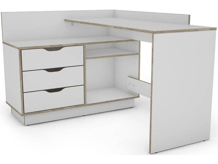 Eckschreibtisch GOODPRODUCT Bexley , weiss (weiß, eiche sonoma, eiche sonoma, eiche sonoma), B:129cm H:83,5cm T:105cm, Tische, Eckschreibtisch, mit viel Stauraum, Breite 129 cm, rechts oder links montierbar