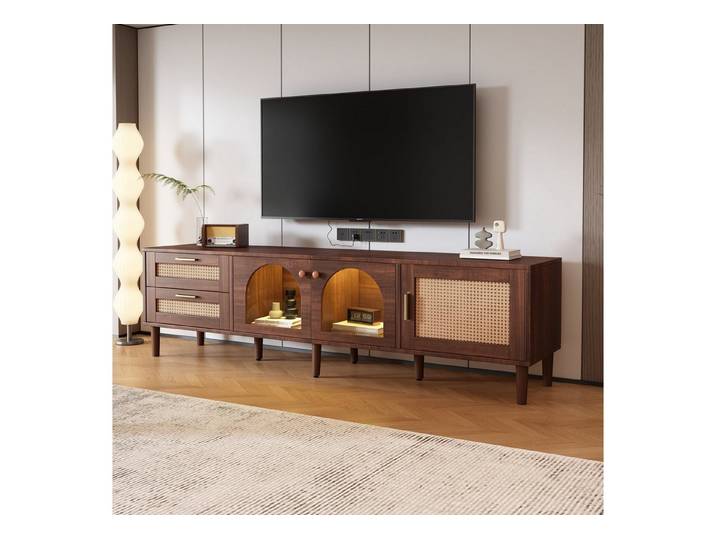 Yorbay TV-Schrank Rattan Design,mit LED-Beleuchtung,Braun Lowboard für 80-Zoll-Fernseher Vintage Lowboard mit 2 Rattan-Schubladen und 3 geschlossener Stauräume