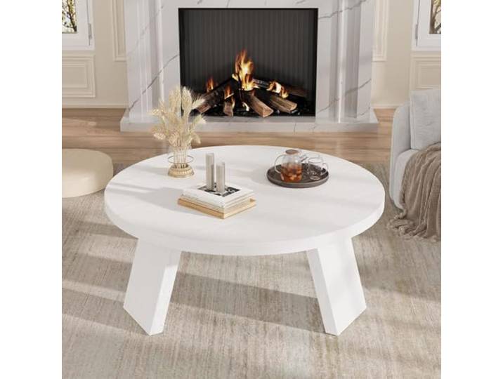 Garvee Moderner runder Couchtisch im Landhausstil aus Holz – Stabile Konstruktion mit 3 Beinen – Einfache Montage – 85 x 40 cm – Weiße Prägung