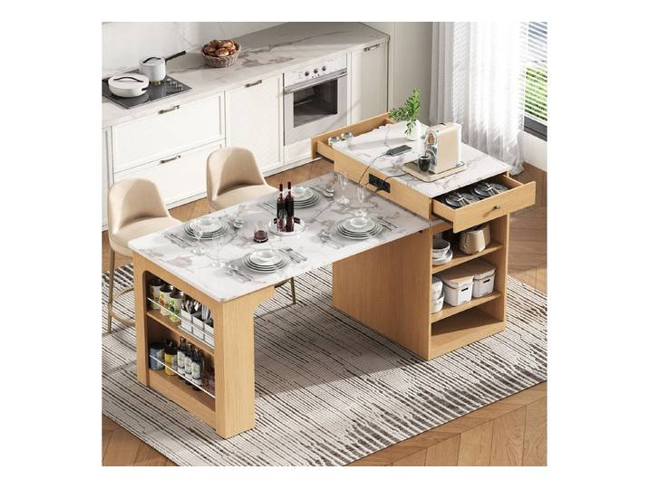 Odikalo Kücheninsel mit faltbarer Tischplatte Steckdosenleisten und Haken, (dient als Kücheninsel, Sideboard oder Bartisch für Küche und Esszimmer)