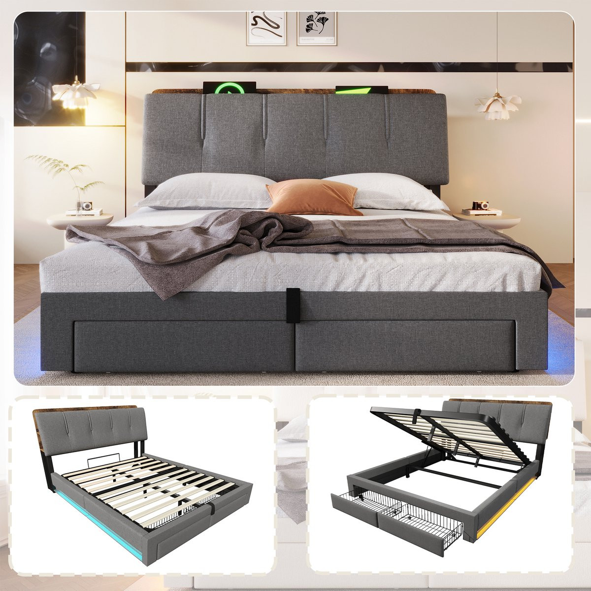 Gestoffeerd bed met LED-verlichting, USB-oplaadpoort en lades, 140x200 cm