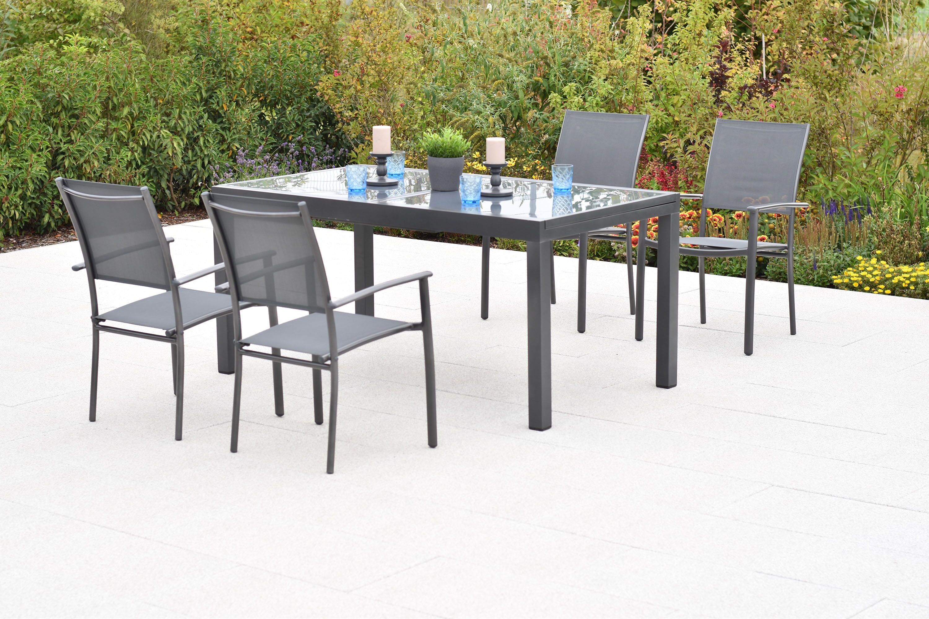 Garten-Essgruppe MERXX "»Milano«", grau (grau, grau, graphit), Auszugsplatte, ausziehbar, Aluminium, Kunststoff, Sitzmöbel-Sets, Garten-Essgruppe, Sessel stapelbar, Tisch ausziehbar