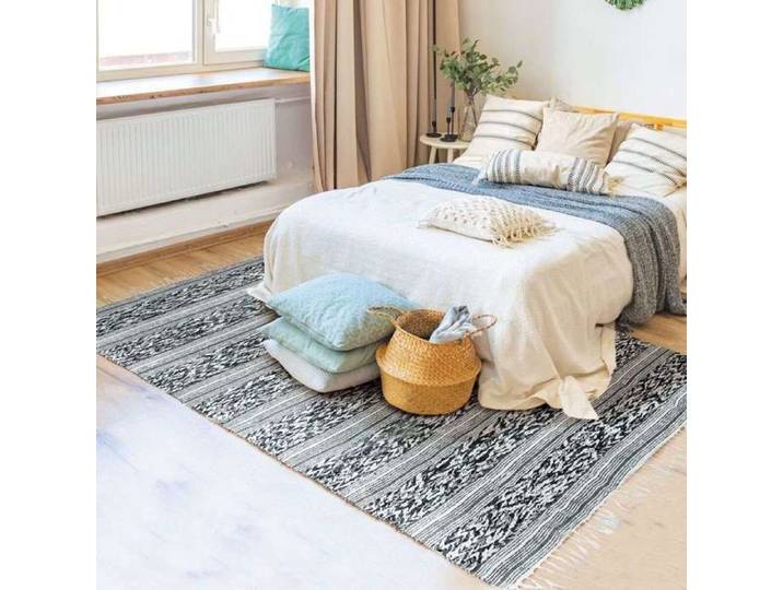 Tapis en coton bande relief blanc-noir 160x230