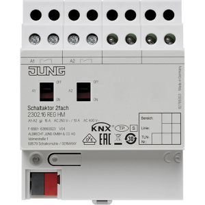 Jung Schaltaktor 230216 REGHM, für Smart Home, 2 Kanäle, 16 Ampere, für Hutschiene, KNX