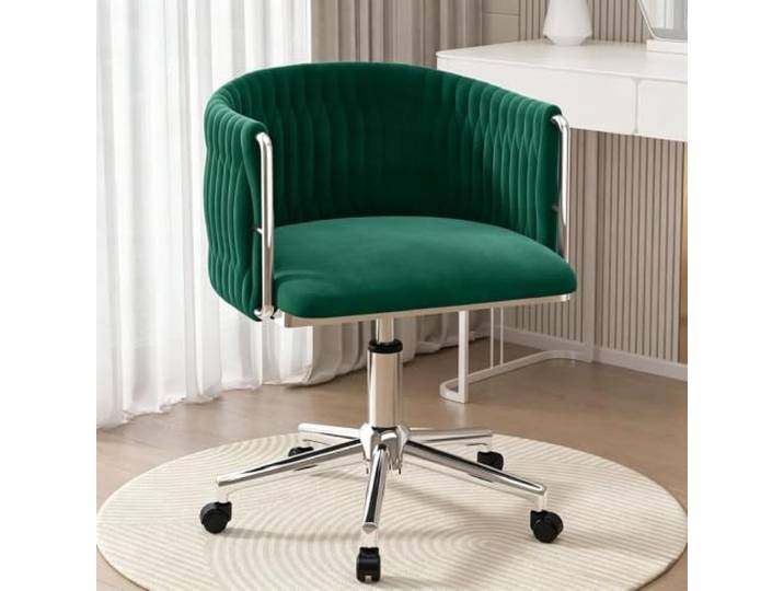 Verstellbarer Samt-Waschtischstuhl Mit Metallgestell, 360° Drehbar Ergonomischer Stuhl mit gebogener Rückenlehne, geeignet for Ankleiden, Büro und Maniküre(Silver Legs,Green)