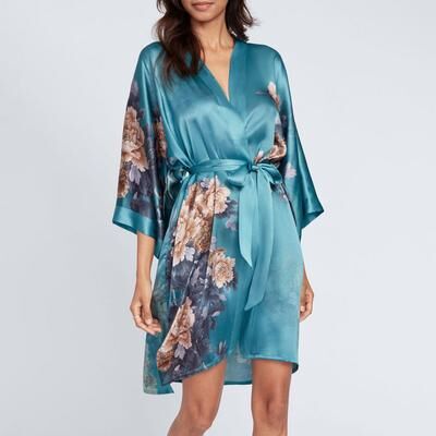 KIM + ONO Keina Short Silk Kimono Robe   Knee Length Kimono Robe - aqua / one size
