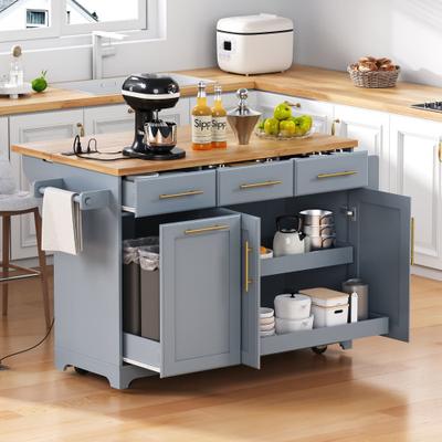 Cusp Barn "59.3"" Kitchen Island with and Pull Out Cabinet Organizers & Rubber Wood Drop Leaf, Rolling Kitchen Island with Trash Can Storage"