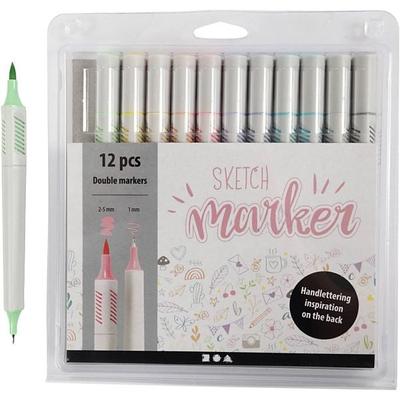 Creativ Company Sketch Marker, Strichstärke 1+2-5 mm, Pastellfarben, 12 Stk