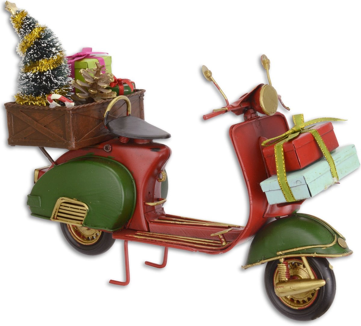 Decoratief blikken model van een scooter in kerststijl voor op tafel