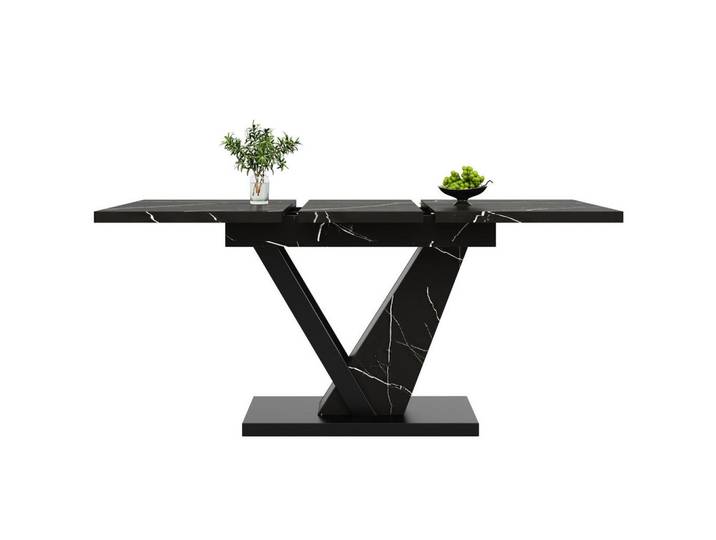 Redom Esstisch ausziehbar, MDF mit Marmormuster & Metallgestell, 120-160/75/75,5 cm, Schwarz, 75x75.5x120 cm, Esszimmer, Esstische