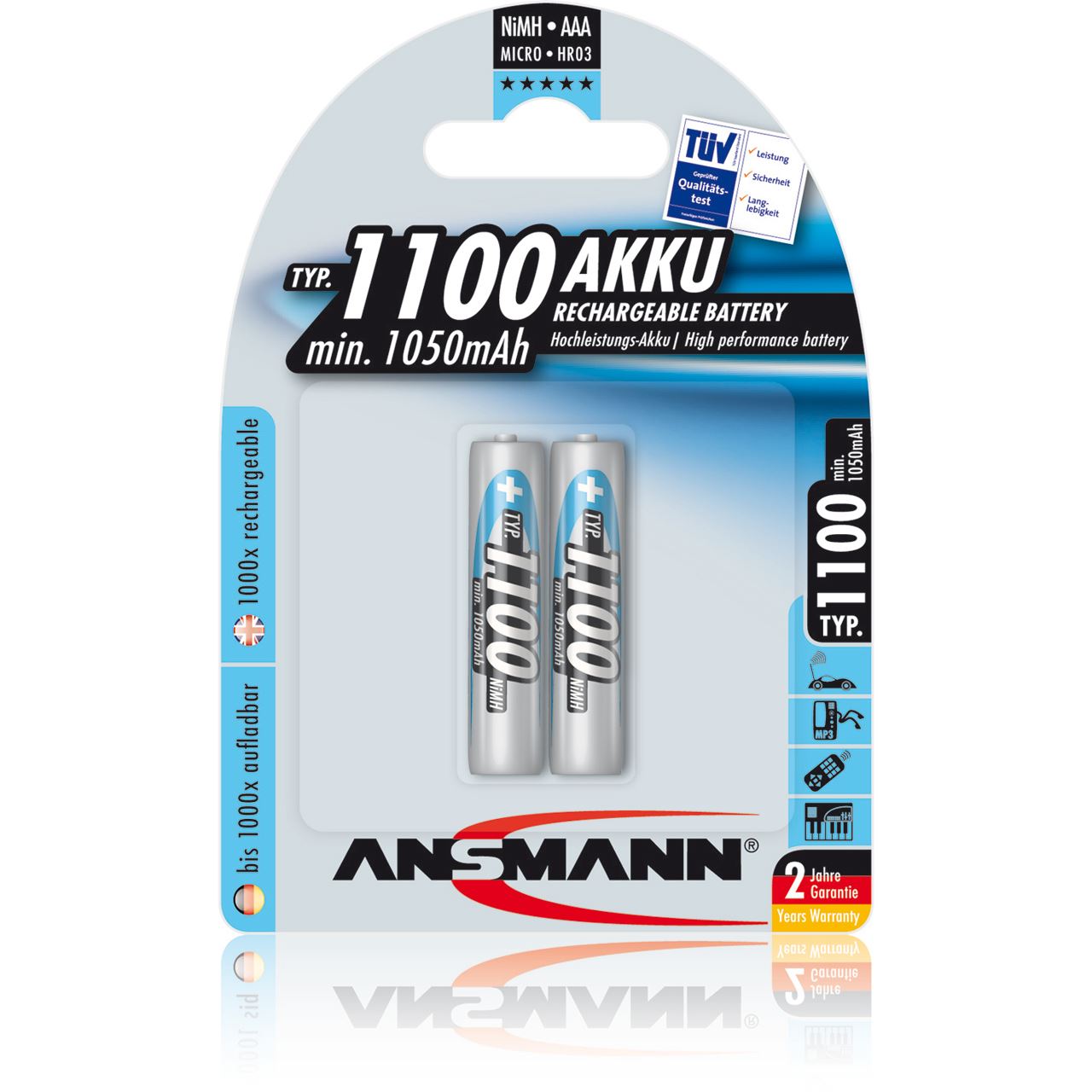 ANSMANN HR03 Nickel-Metall-Hydrid AAA Micro Akku 1050 mAh 2er Pack