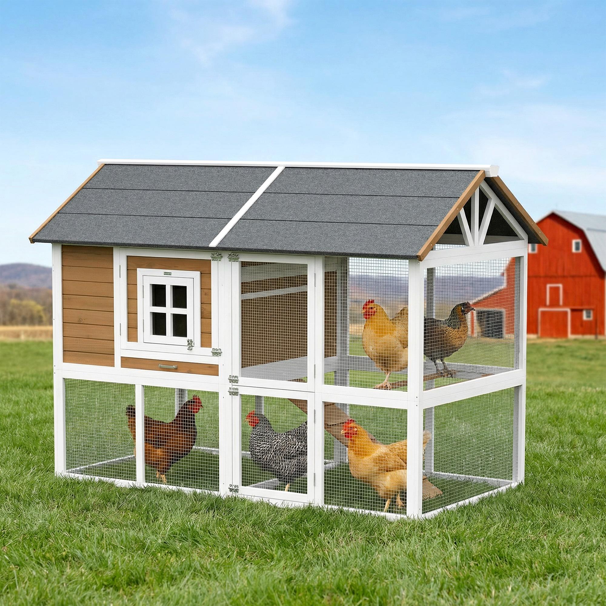 Hühnerstall mit Auslauf und Nistkasten, Hühnerhaus herausziehbares Tablett, Holz Braun | 200x104x145 cm | bis 4 Hühner | Asphaltdach