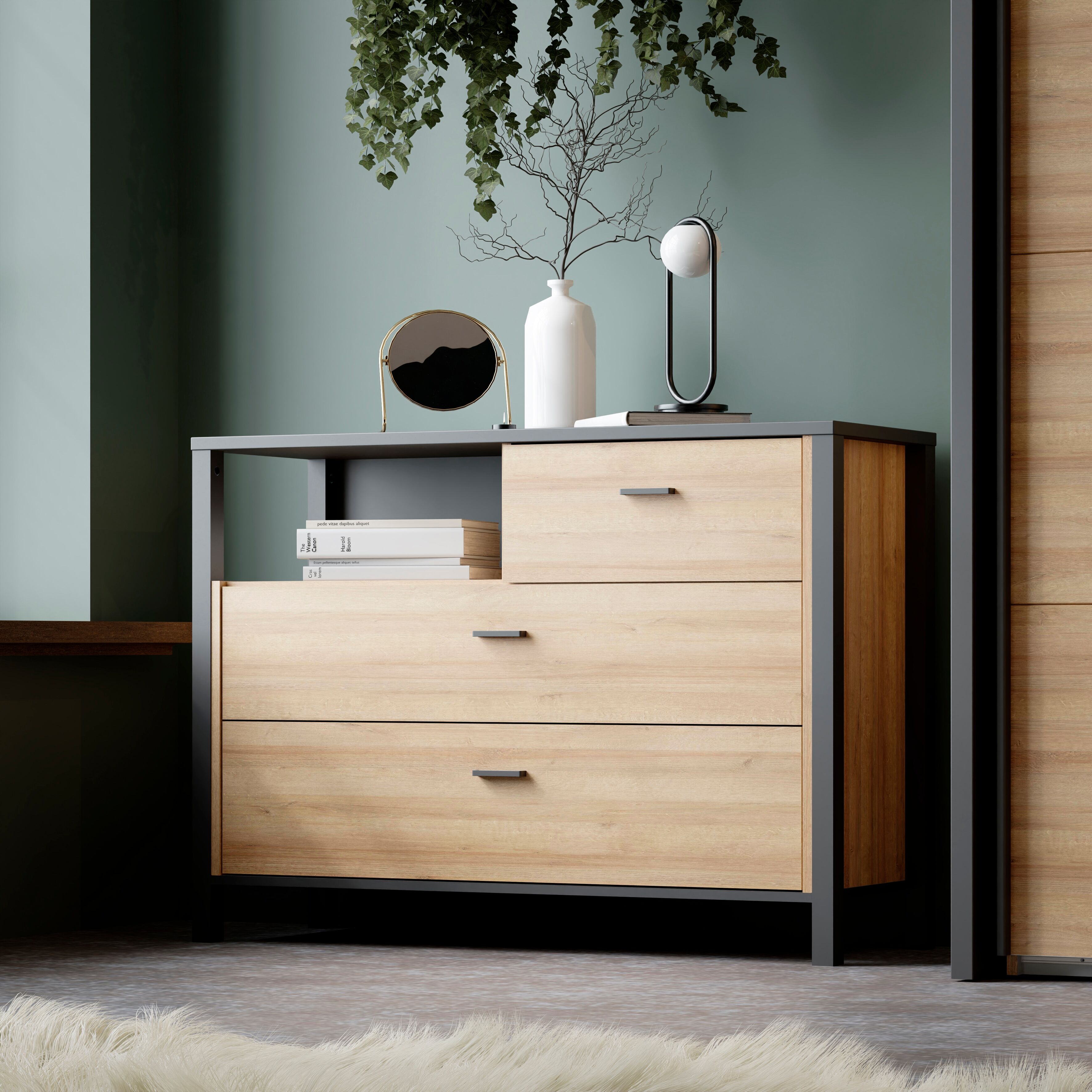 Kommode FORTE "High Rock", schwarz (schwarz riviera eiche), B:104,8cm H:85,1cm T:40,2cm, Dekorfolie, Holzwerkstoff, Sideboards, Kommode schwarz riviera eiche B/H/T: 104,8cm x 85,1cm x 40,2cm